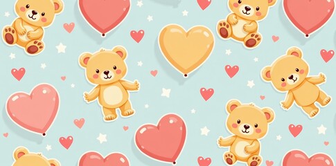 Fototapeta premium Cute bear pattern with hearts and stars for baby products, cute, design, seamless