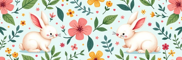 Cute easter bunny themed seamless pattern with colorful spring blooms and leaves, seamless, spring, cute