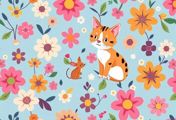 Cute colorful seamless vector floral pattern featuring a cat and mouse, ample empty space, romantic, simple