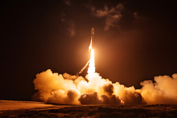 Rocket launching into the night sky, leaving a brilliant trail of fire and smoke, symbolizes the power of innovation and exploration