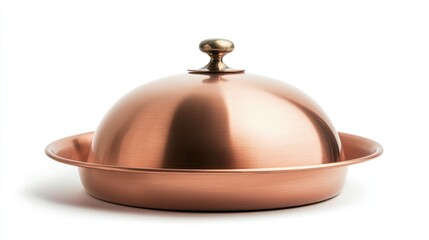 Fototapeta premium Brushed copper serving cloche with small handle above plate on white background.
