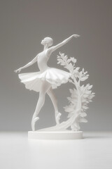 Fototapeta premium White ballerina statue dancing near stylized leaves on gray background