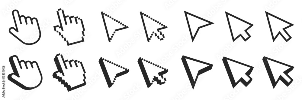 Aufkleber Mouse click cursor set. Hand pointer with shadow. Cursor set in hand and arrow forms. Pixel cursor icon