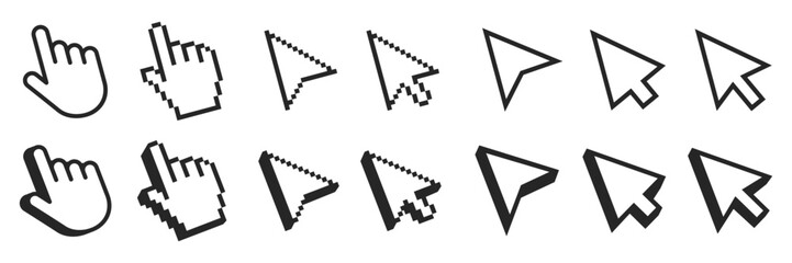 Mouse click cursor set. Hand pointer with shadow. Cursor set in hand and arrow forms. Pixel cursor icon