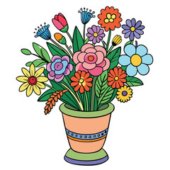 Obraz premium Groovy Flower Bouquet Retro Floral Arrangement in a Ceramic Vase Design