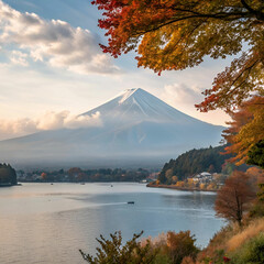 Fototapeta premium fuji mountain and kawaguchiko lake in morning aut
