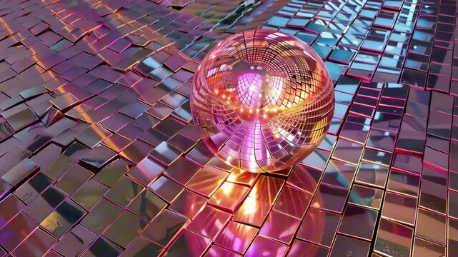 Reflective pink disco ball on mirrored mosaic tiles with glowing warm ambient light. Concept of nightlife celebration and funky retro glamour