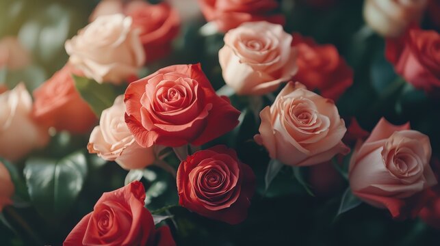 A close-up of a bouquet of fresh roses in soft lighting, romantic and elegant floral arrangement - Powered by Adobe
