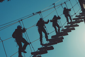 Silhouetted figures carefully crossing a rope bridge, demonstrating teamwork and courage in an outdoor adventure park