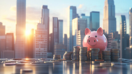 piggy bank on the bank of the city