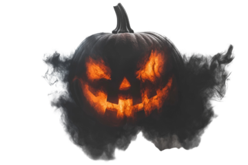 Scary Halloween Pumpkin with Glowing Face Surrounded by Dark Smoke and Mysterious Atmosphere for Spooky Celebrations and Events