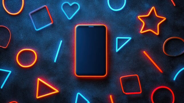 Colorful geometric shapes surrounding a modern smartphone.