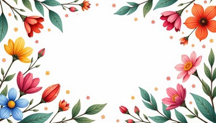Obraz premium Delicate floral pattern with colorful flowers and leaf elements on white background, beautiful, design, garden