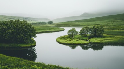 Obraz premium Calm river winding through green landscape with small clusters of trees on white surface.