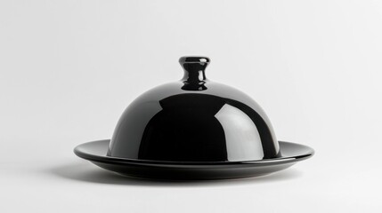 Obraz premium Carbon black serving cloche with subtle shine raised over plate on white background.