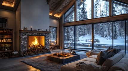Fototapeta premium A cozy fireplace with logs burning, soft lighting, relaxing ambiance, perfect for a winter evening at home