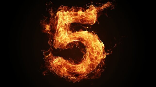 Fiery number five against black background; abstract design