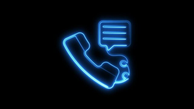 Neon glowing retro phone icon with message bubble animation on black background