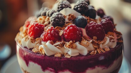 A close-up of a bowl of vibrant acai smoothie, topped with granola, coconut flakes, and fresh fruit, healthy breakfast
