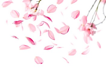 Delicate pink and white petals float in a gentle spring breeze, isolated on white, flowers, nature