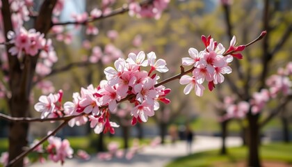 Delicate pink blossoms on slender branches, bathed in spring sunlight in a city park, serenity, outdoors
