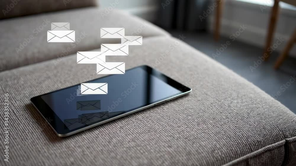 Poster Email message icons accumulating above a tablet computer lying on a sofa, illustrating the concept of notification overload and constant connectivity in modern communication
