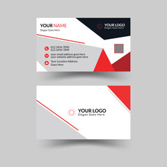 Modern Minimalist Business Card Design with Geometric Shapes, Bold Red, Gray, and White, Featuring Circular Logo Placeholder, Clean Sans-Serif Font, and Structured Layout for Professional Use