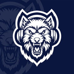 Angry wolf with headphone mascot character