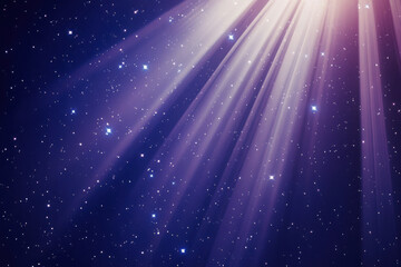 Fototapeta premium Starry night sky with bright stars, light beams, and a deep purple background creating a captivating and magical atmosphere