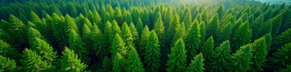 Fototapeta premium Dense forest filled with tall green trees creating a mesmerizing high-angle view, woodland, overhead, landscape