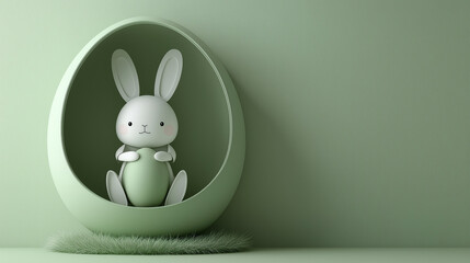 Obraz premium Minimalist Easter background, white paper-cut rabbit holding green Easter egg, inside green egg-shaped frame, soft grass at the bottom, monochromatic light green background, paper art style, 3D layere