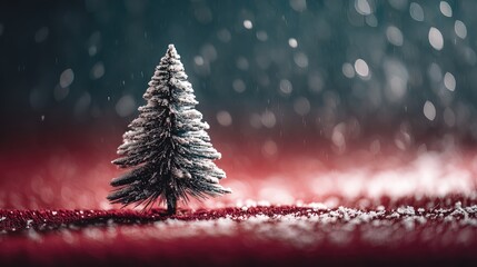 Small snow-covered Christmas tree on a red background, surrounded by falling snow