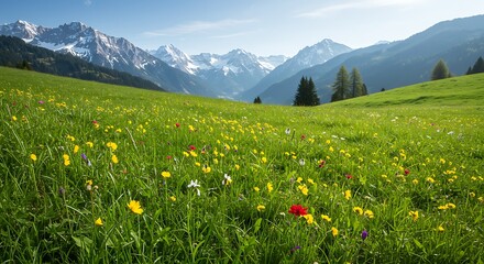 A picturesque alpine meadow bursts with colorful wildflowers under a bright sky, framed by majestic snow-capped mountain peaks in the distance.