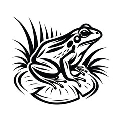 Black and White Frog on Lily Pad with Reeds, Nature Theme, Outline