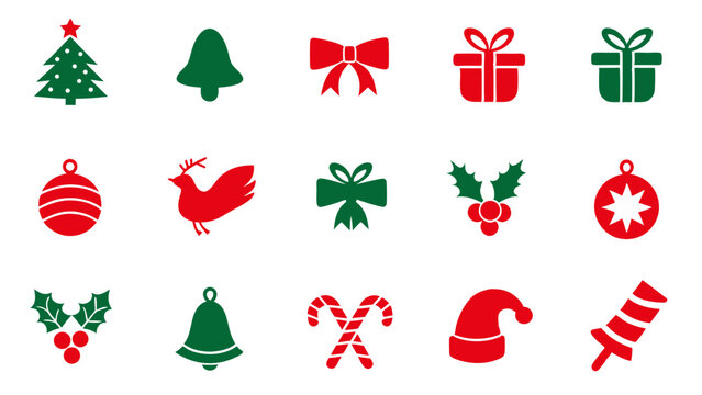 Red and green icon set of christmas on tranparent background