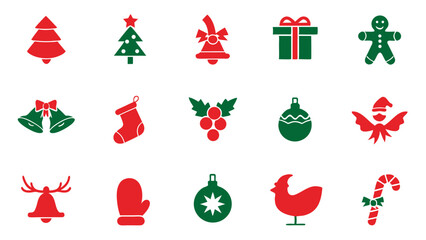 Red and green icon set of christmas on tranparent background
