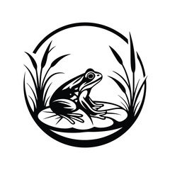 Fototapeta premium Detailed Black and White Frog on Lily Pad Surrounded by Cattails Inside Circle Design