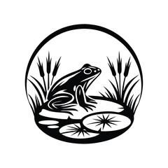 Simple Black Frog Sitting Among Reeds and Lily Pads in a Circular Outline Design
