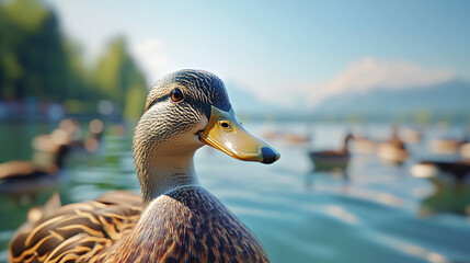 A duck with a blurred background of other ducks on a lake in nature, a clear blue sky, and a beautiful sunny day.