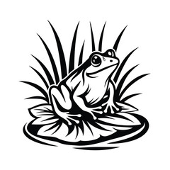 Elegant Frog Sitting on Lily Pad Black and White Silhouette with Grass Design Element