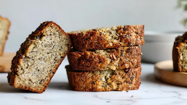 Close-up view of sliced multigrain bread loaf stacked, with rustic appearance and visible seed texture on a white marble surface.