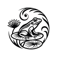 Stylized Frog on Lily Pad with Floral Ornamentation in Circular Black and White Motif
