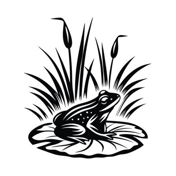 recommend clip art: Stylized Black and White Frog Sitting on Lily Pad With Reeds Design