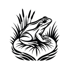Stylized Frog Silhouette on Lily Pad with Cattails Monochrome Wildlife Nature Art