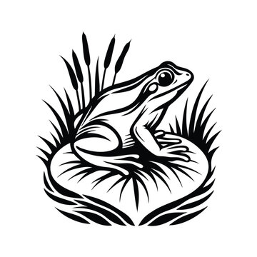 recommend clip art: Stylized Frog Silhouette on Lily Pad with Cattails Monochrome Wildlife Nature Art