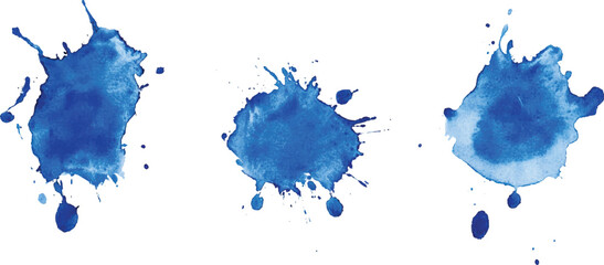 Set of watercolor textures in blue hues isolated on a white background. Blue paint splash on white background.