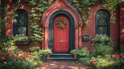 Ornate red door, lush greenery
