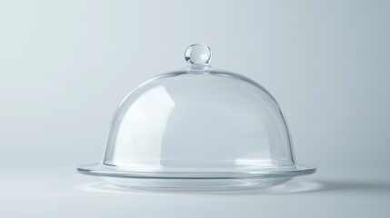 Clear acrylic serving cloche floating over plate on white background.