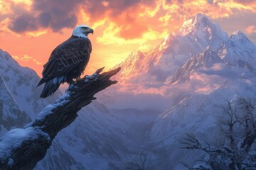 Fototapeta premium Majestic bald eagle perched on a snow-covered branch, overlooking a breathtaking sunset over a majestic mountain range.