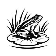 Simple Black Frog Sitting on Water Lily Pad with Reeds, Wildlife Silhouette, Isolated